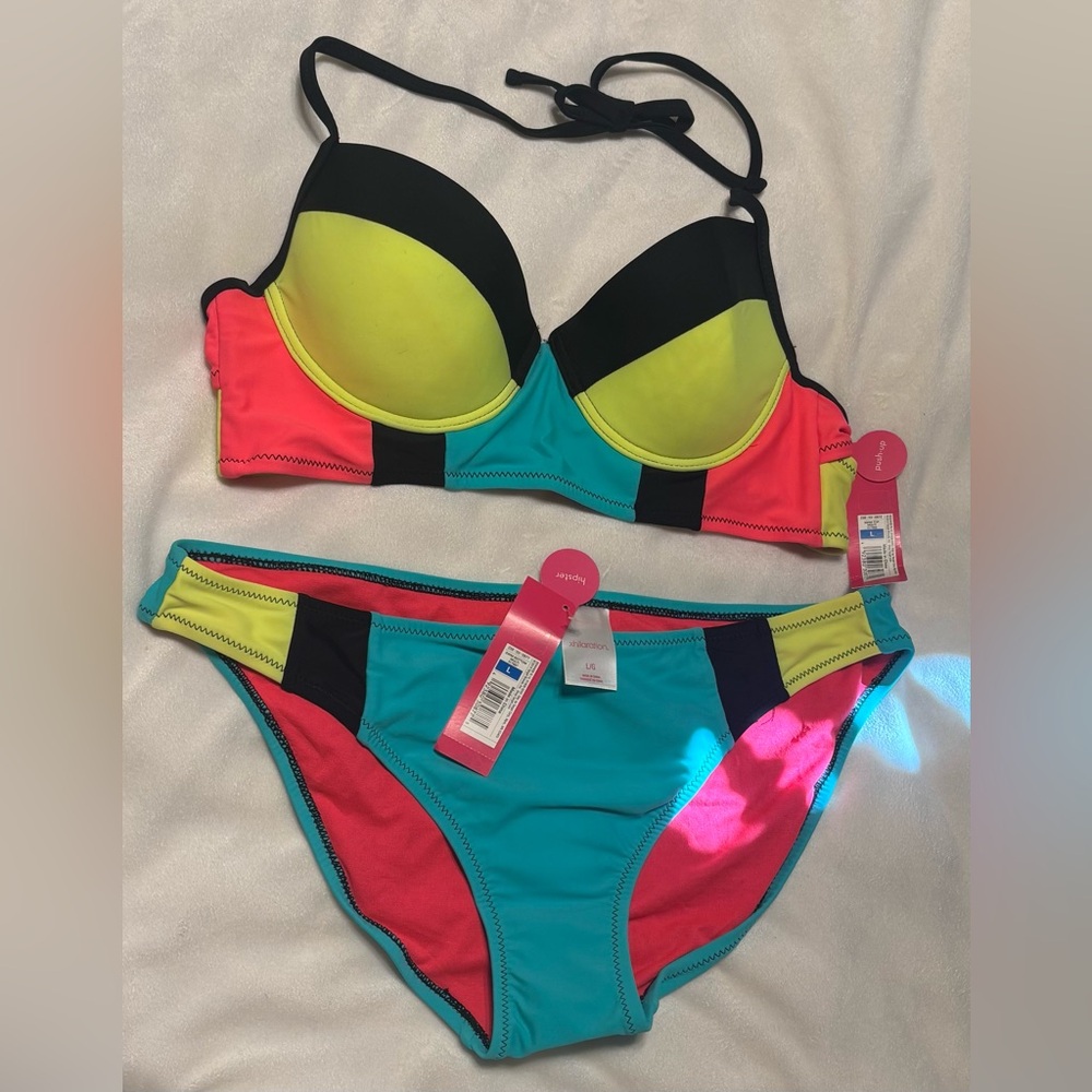 Women's Colorblock Padded Bikini Set - Neon Pink, Aqua & Yellow